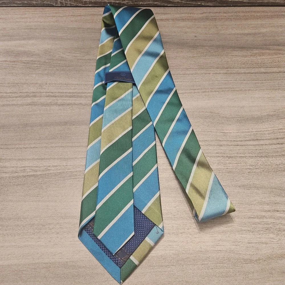 David‎ Donahue Luxury Tie Blue Green Gold Striped 100% Silk Necktie
